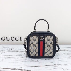 Gucci Beige GG Supreme Mini Top Handle Bag with Blue and Red Web